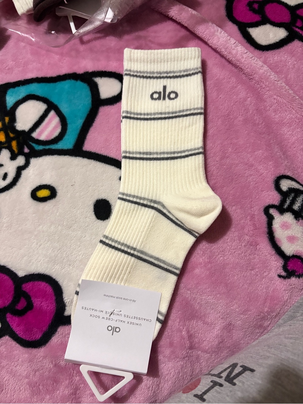 ALO Yoga Cream Crew Socks with Gray Stripe Accents